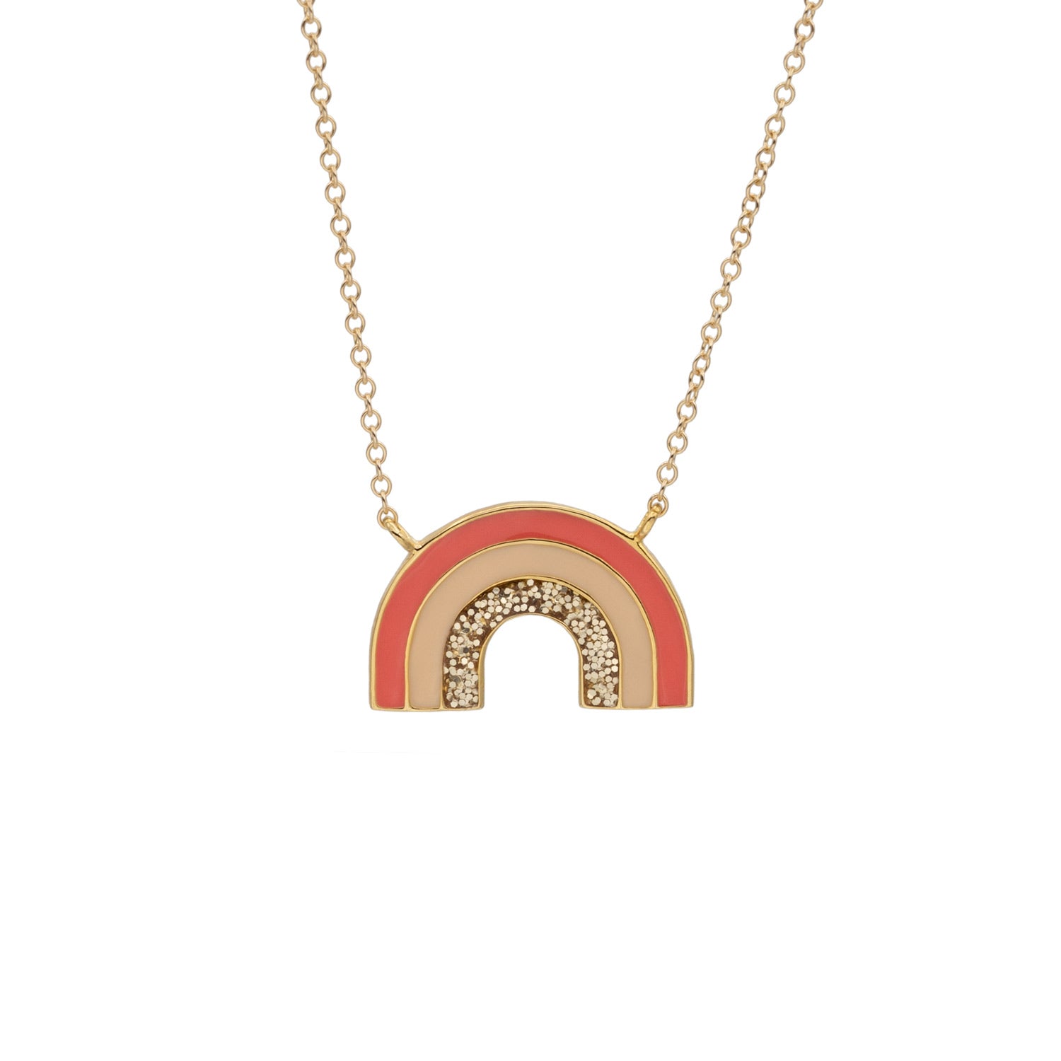 gold rainbow necklace in coral peach and gold glitter enamel