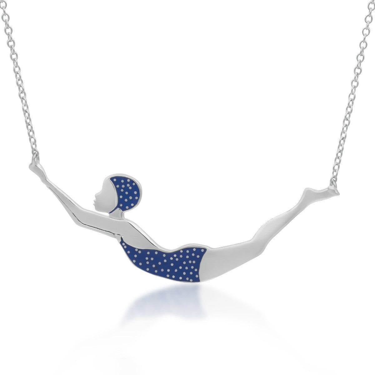 swimmer necklace in sterling silver with blue enamel and silver dots