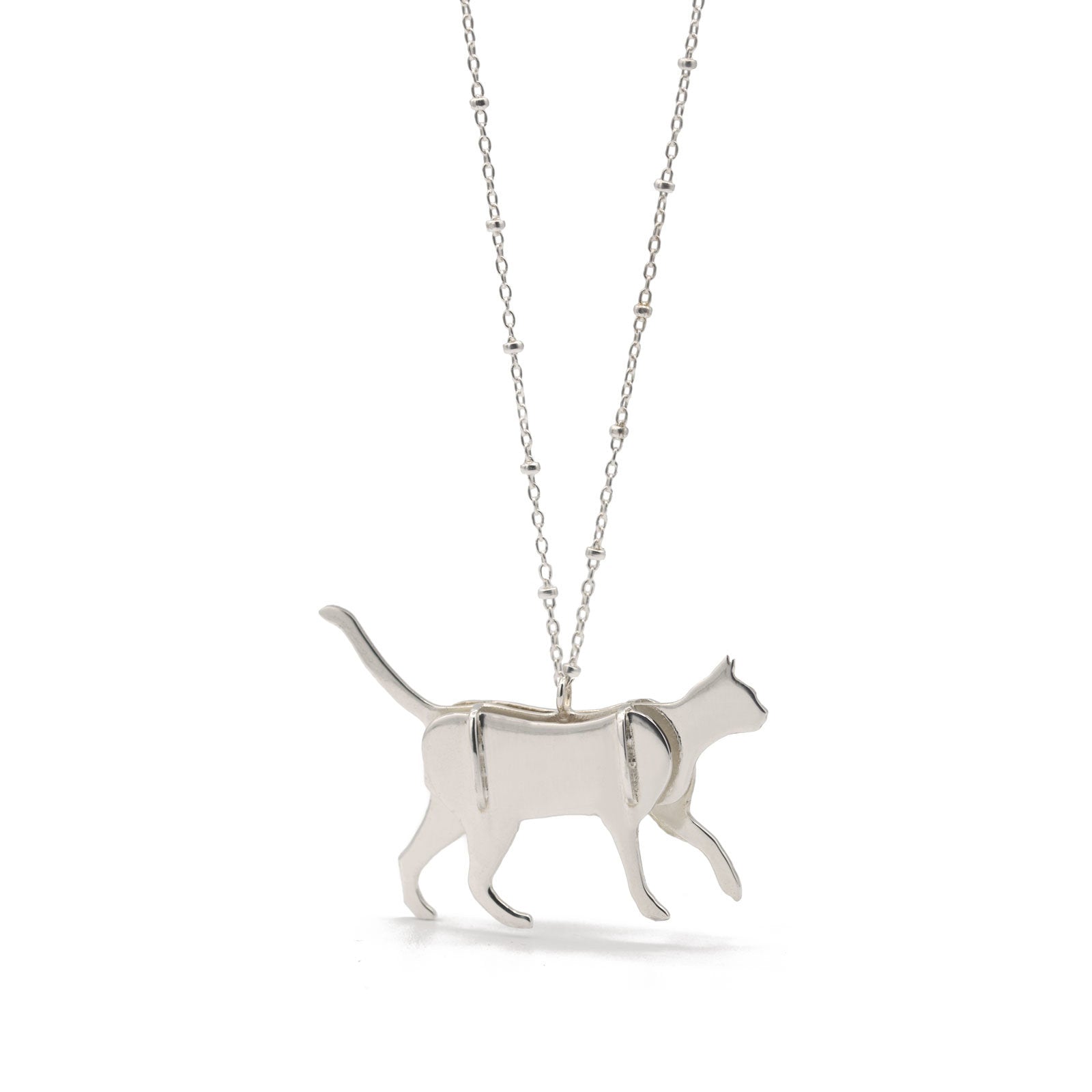 Silver cat necklace 3D puzzle with beaded chain