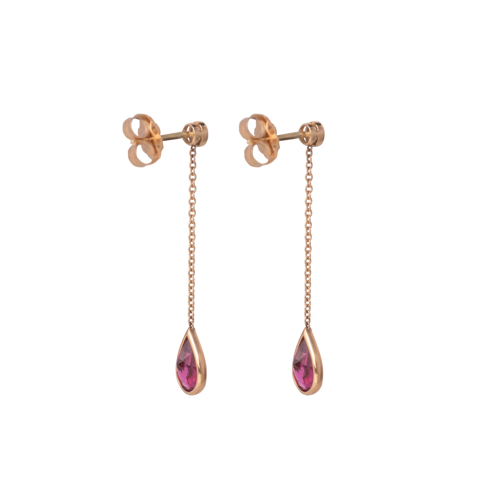 back view of diamond pink tourmaline teardrop earrings in 14k gold