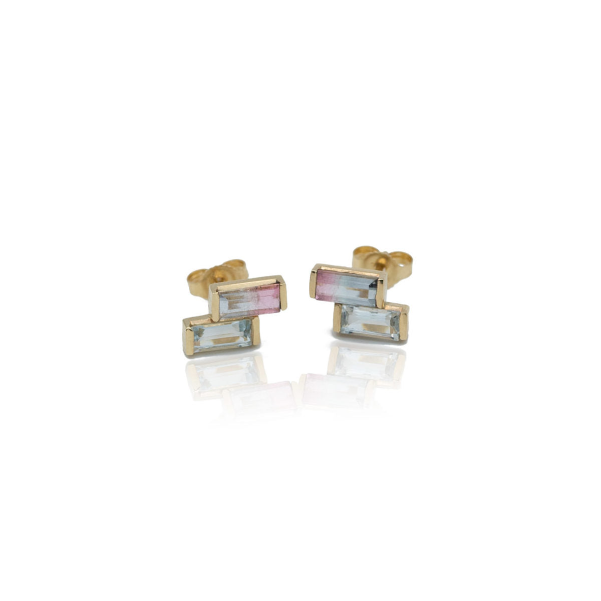 aquamarine and bicolor tourmaline solid gold earrings